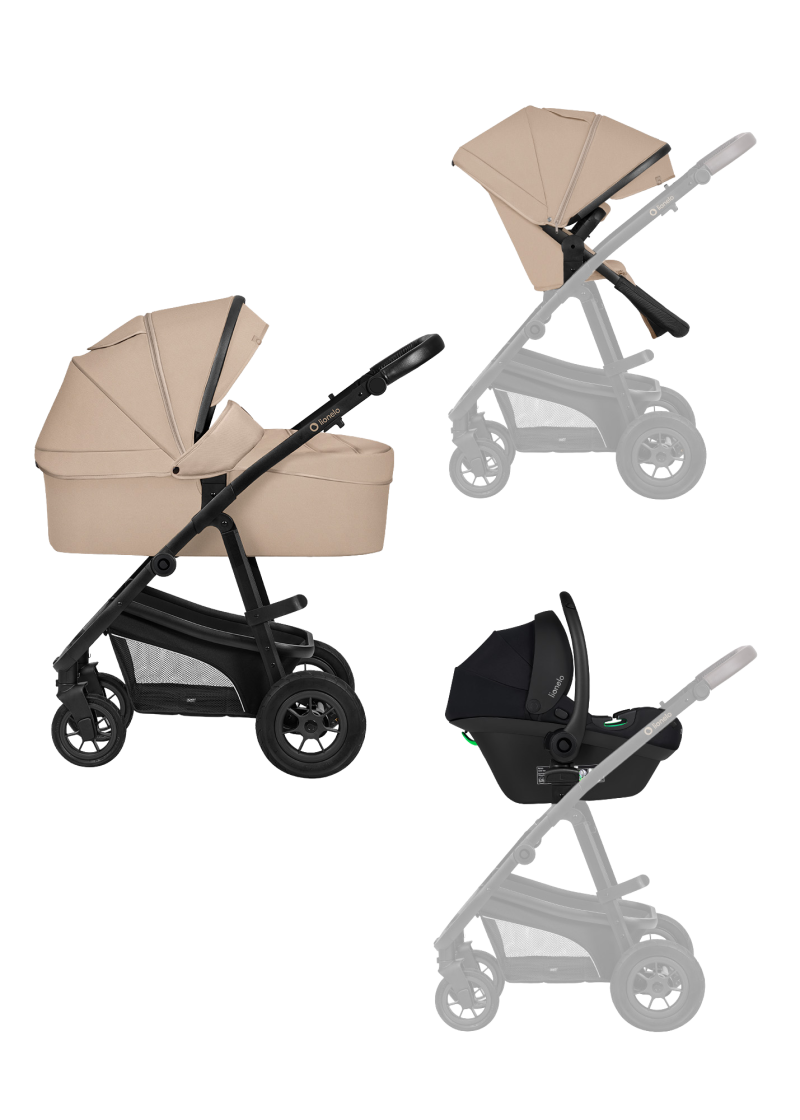 Wózek 3w1, gondola + spacerówka + fotelik, pompowane koła - Bianka Beige Sand - Lionelo